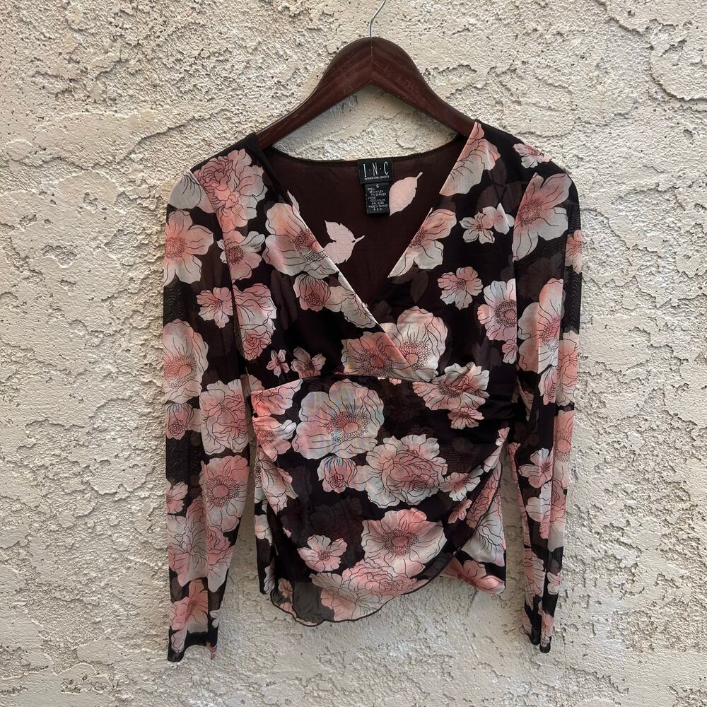 Vintage Y2K Mesh Floral Fairycore Coquette Sheer Top Pink Grunge Size Small